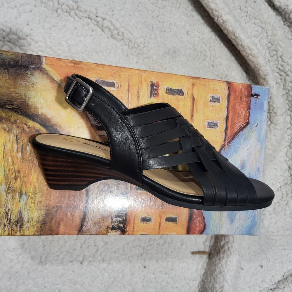 NIB Bella Vita Women's Seble Wedge Sandal Black Leather SIZE 6.5 Narrow